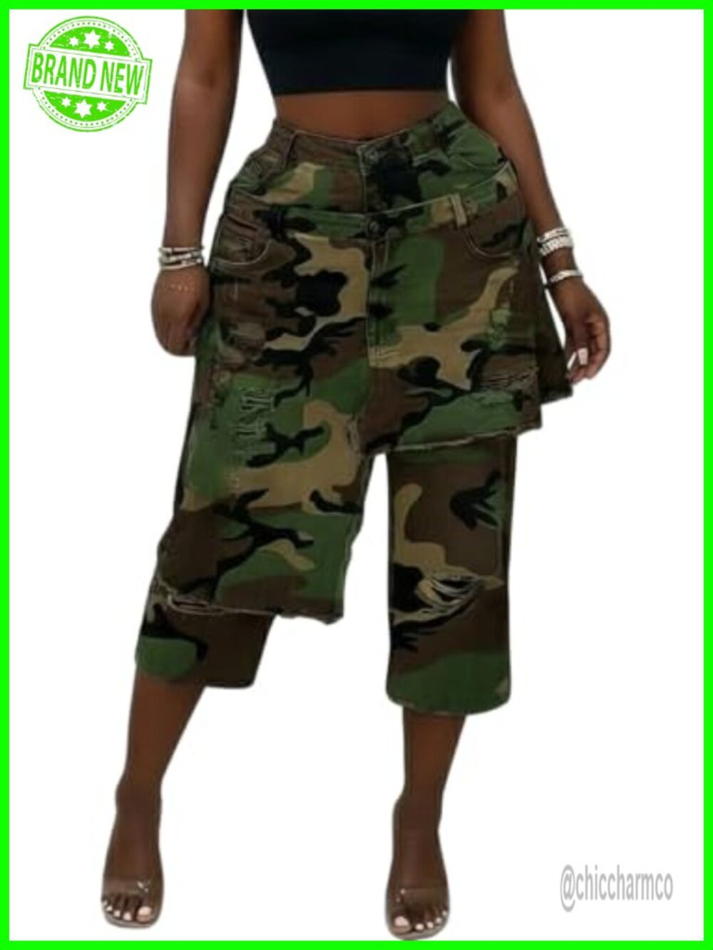 Seltaon Women's Wide Leg Cropped Jeans Pull On Camo Denim Capris Casual